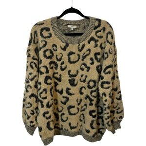 Jodifl‎ Women's Large Eyelash Cheetah Leopard Sweater Crewneck Stretchy Boxy